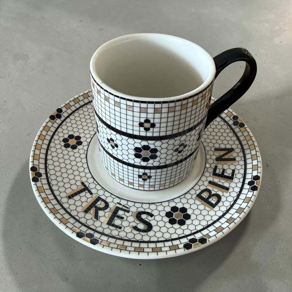 Bistro Tile Stoneware 24k Gold Accent Espresso Cup & Saucer